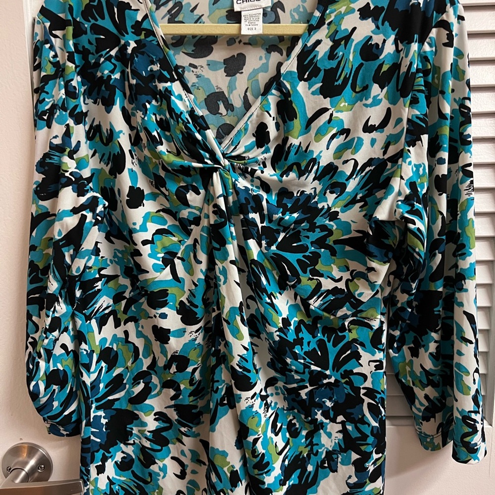 Chico's Women's Top - Teal, Black, and White Floral